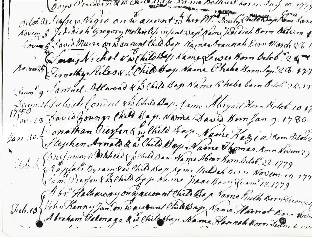 Baptismal record of Keziah Pierson from Morristown Presbyterian Church, Morristown, Morris Co., NJ